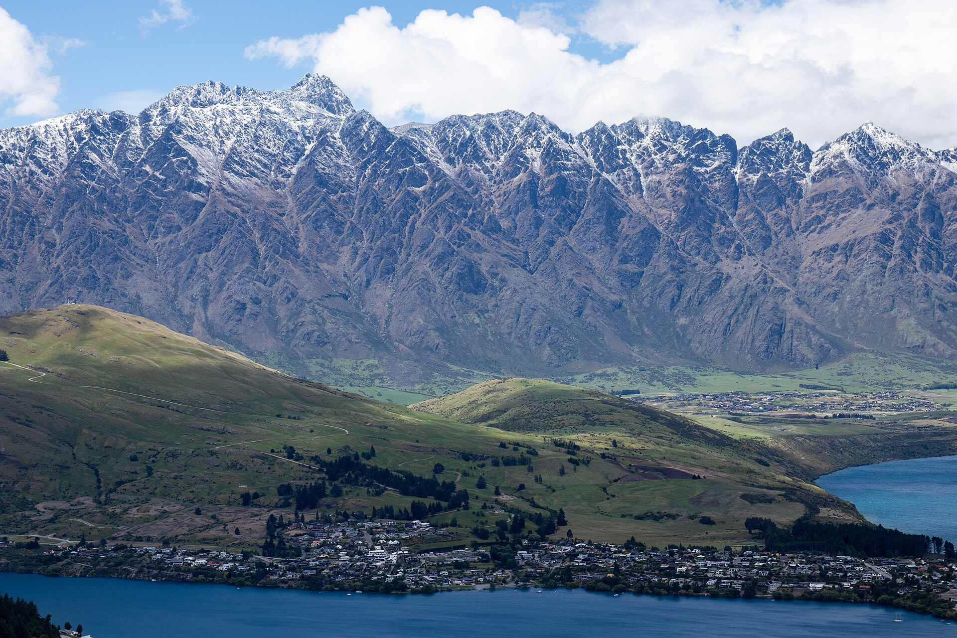 The Remarkables mountain range and Lake Wakatipu from Queenstown, Otago, South Island, New Zealand